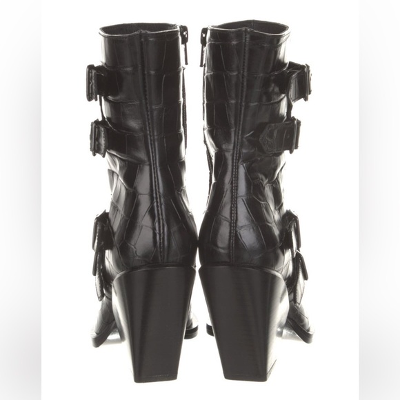 Pinko Lucciola Black Leather Croc Print Moto Boots - Picture 5 of 11